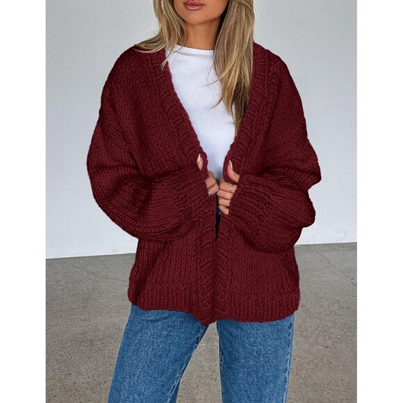 Womens Trendy Cardigan Sweaters Wine Red Long Sleeve Chunky Knit Outfits - Picture 8 of 8